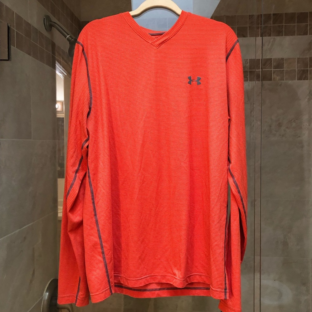 Mens Under Armour cold Gear Long Sleeve Orange stripe  Shirt XL